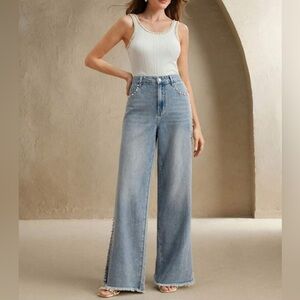 NWTS Anewsta Women's Fashionable Blue Denim Jeans With Pearls And Pockets